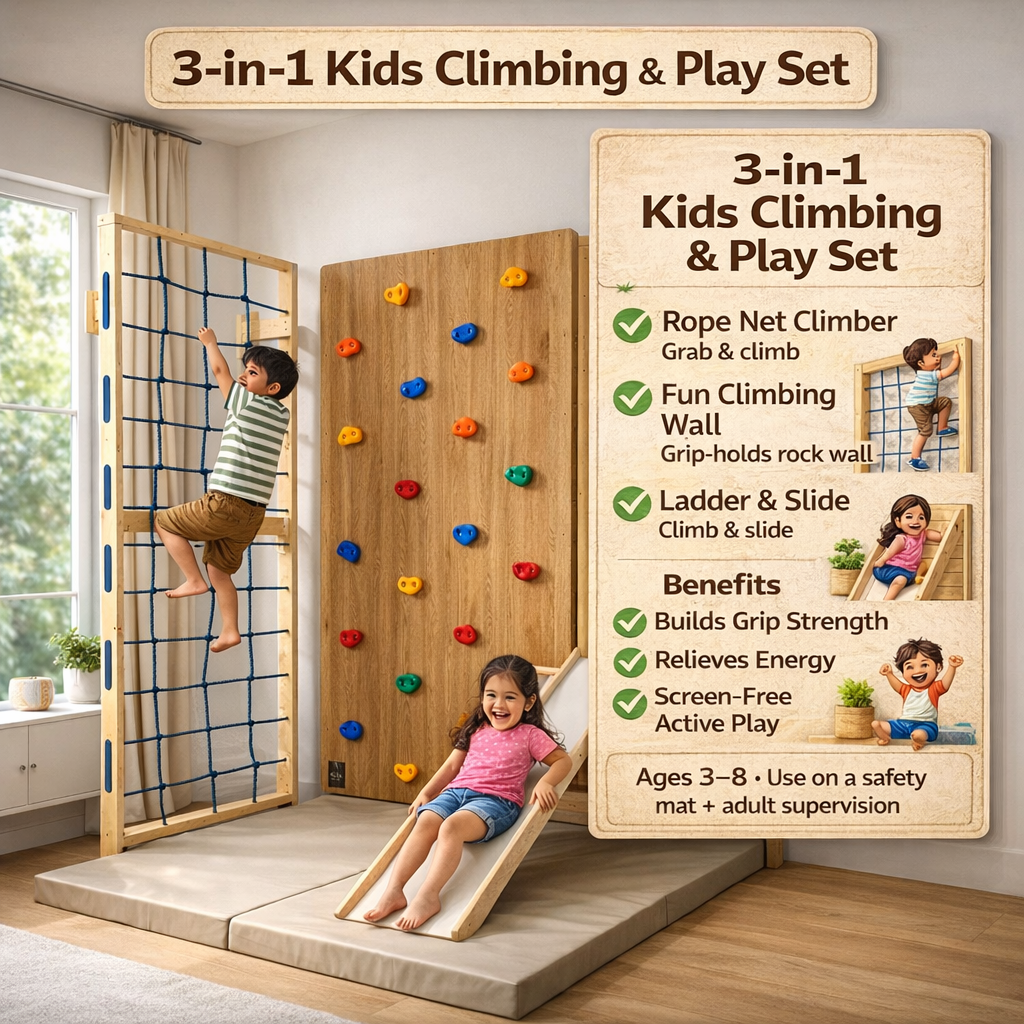 3-in-1 Indoor Kids Climbing Gym set.